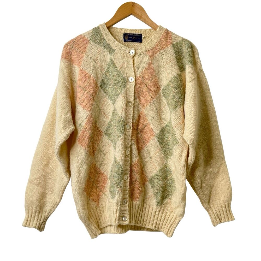 VTG Scottish Shetland Islands 100% Wool Sweater Argyle Cardigan Womens Sz 42